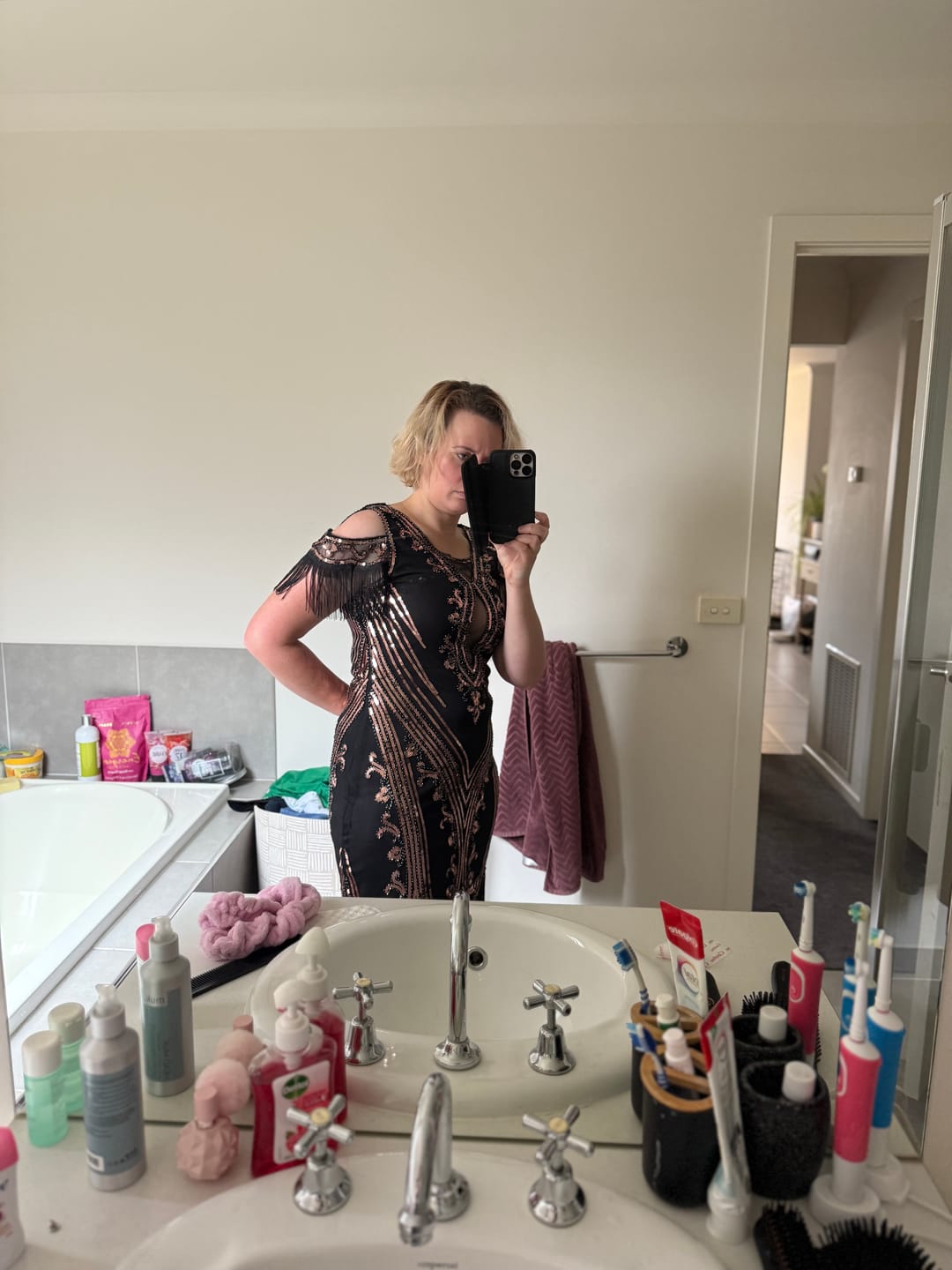 Customer photo review of Isla 1920s Gatsby Dress - Black & Bronze