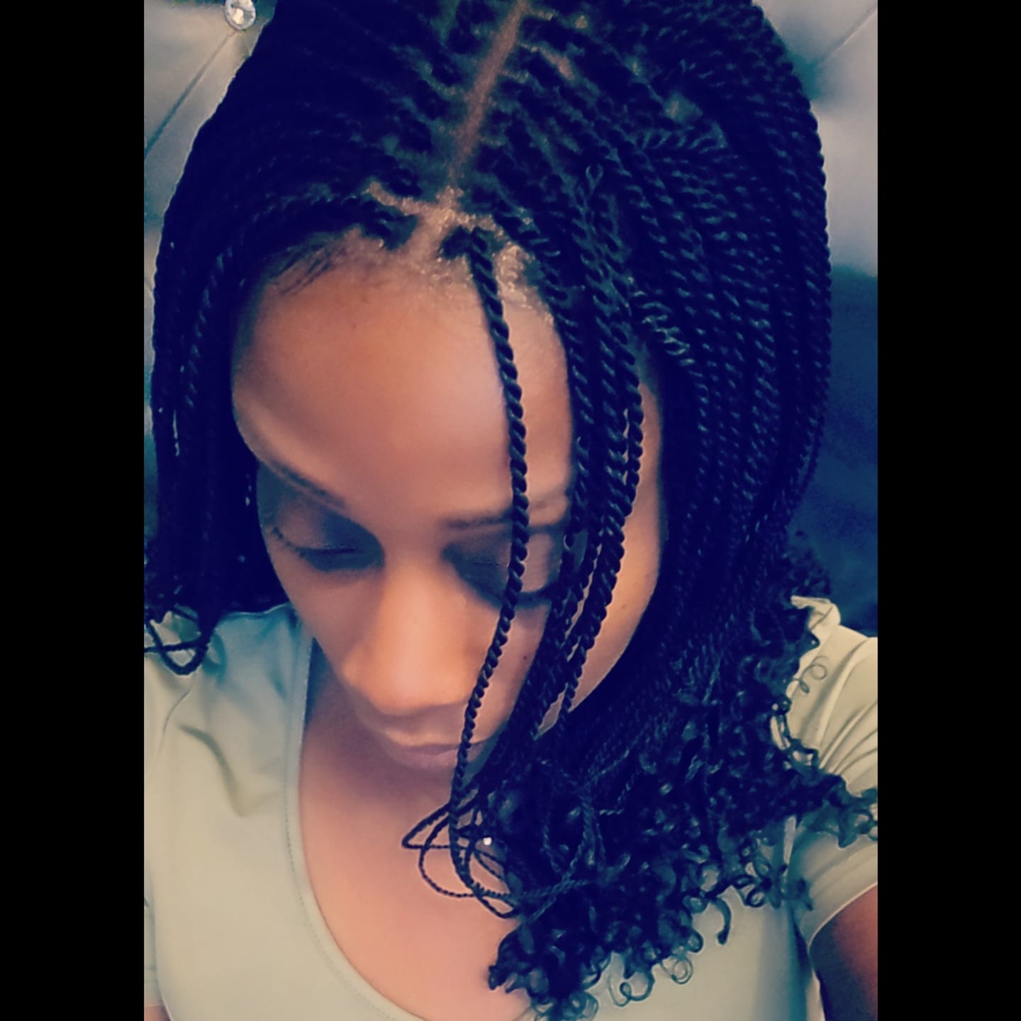 Customer photo review of Tina - Senegalese Mini Twist Braided Wig 14" Full Hand-tied Swiss HD Lace With Curly Ends - Human Baby Hair