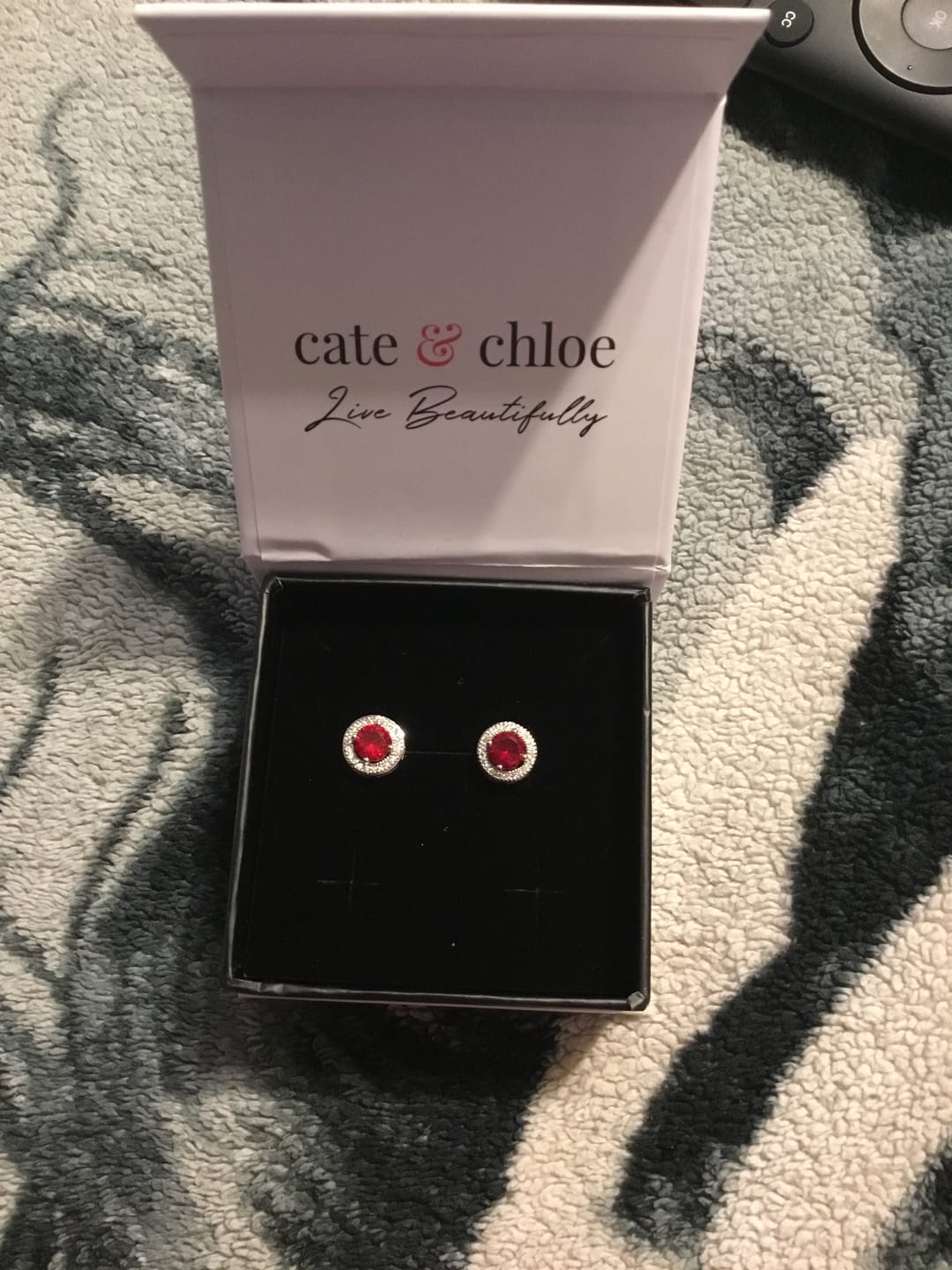 Customer photo review of Gwendolyn 18k White Gold Plated Halo Stud Earrings with Round Cut Simulated Diamond Crystals - Final Sale
