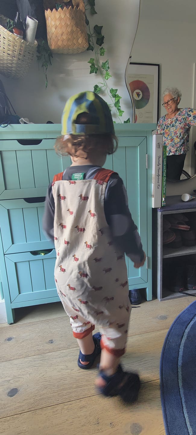 Customer photo review of Cream Sausage Dogs Storytime Dungaree Shorts