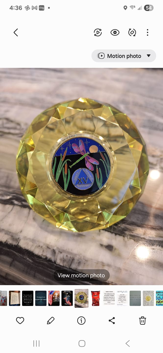 Customer photo review of Dragonfly 9th Step 15 Year Specialty AA Recovery Medallion - Tri-Plated Fifteen Year Chip/Coin