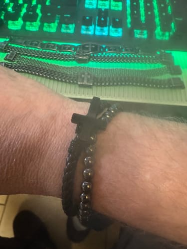 Customer photo review of FIDES Cross Leather & Magnetic Hematite Titanium Bead Bracelet: Helps Pair Veterans With A Service Dog Or Shelter Dog