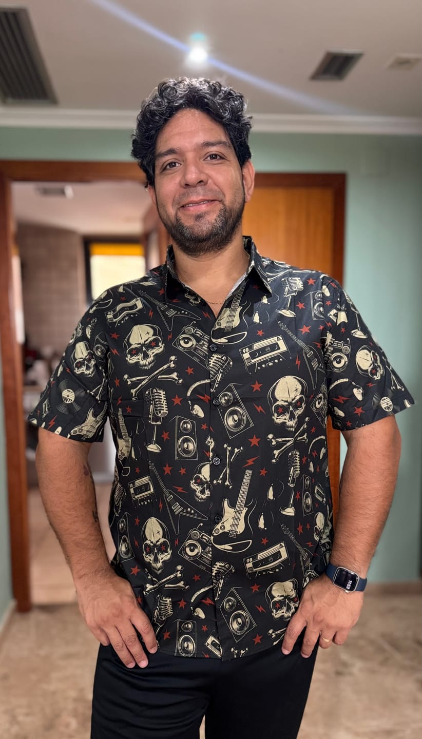 Customer photo review of Men's Skull Music Punk Rock and Roll Cool Funny Hawaiian Shirt