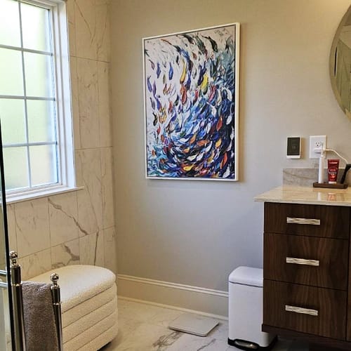 Customer photo review of Modern Abstract Fish Shoal Wall Art Canvas Print, Colorful Fish Herd Painting on Canvas Print, Ocean Animal Artwork Ready to Hang Home Decor