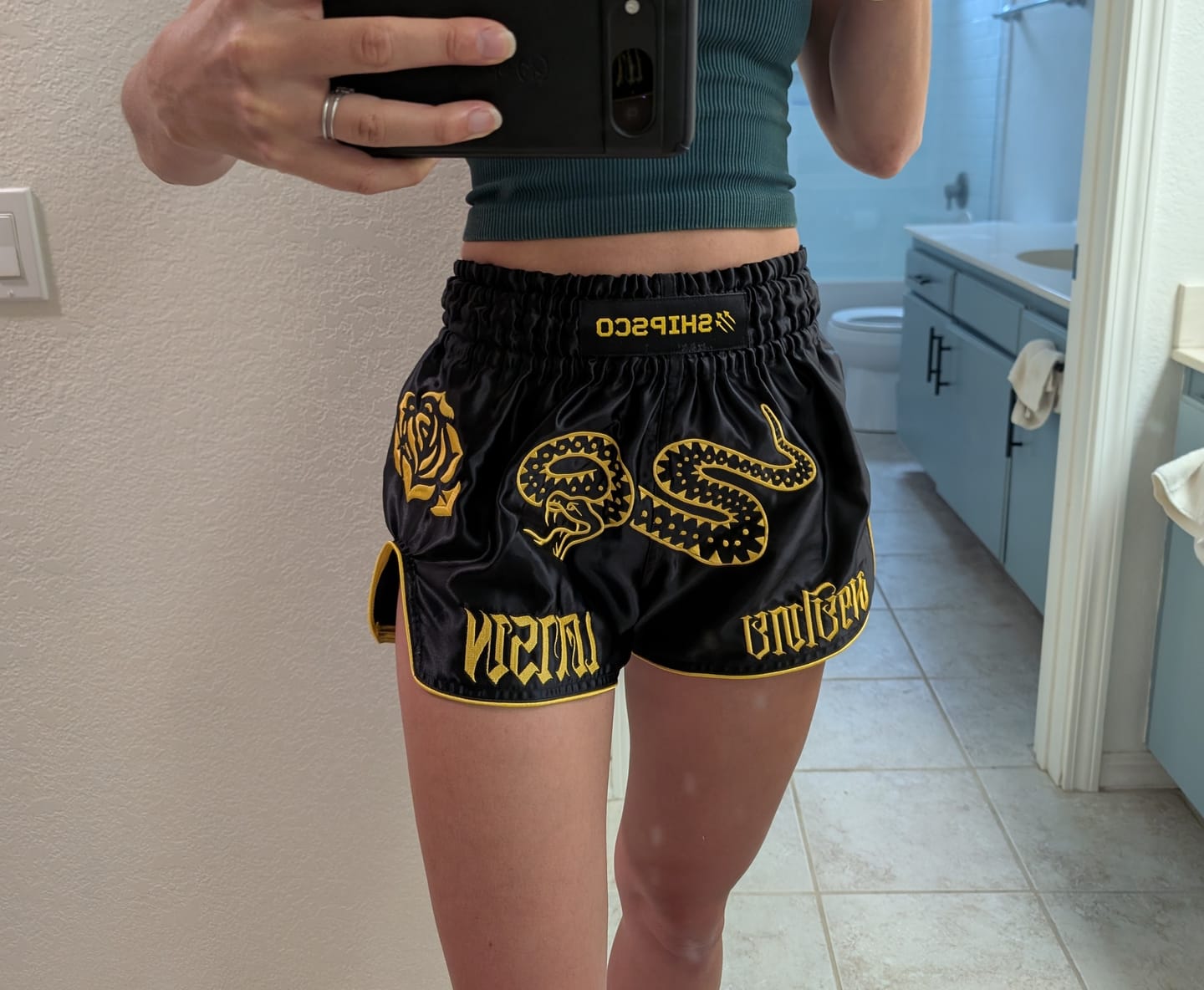 Customer photo review of Yellow Rose Rattlesnake Muay Thai Shorts