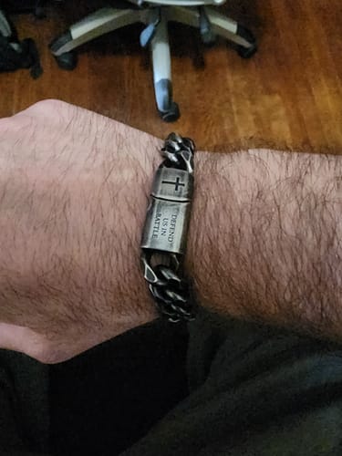 Customer photo review of St. Michael's 'Protect Us' Cuban Link Bracelet: Helps Pair Veterans With A Service Dog Or Shelter Dog