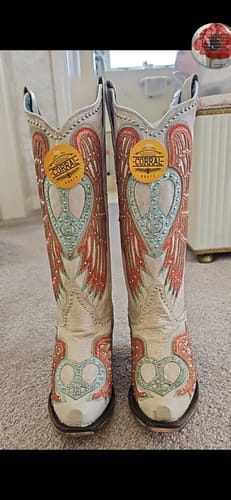 Customer photo review of Corral Ladies Studded Bone Heart & Wings Overlay Western Boots A4236