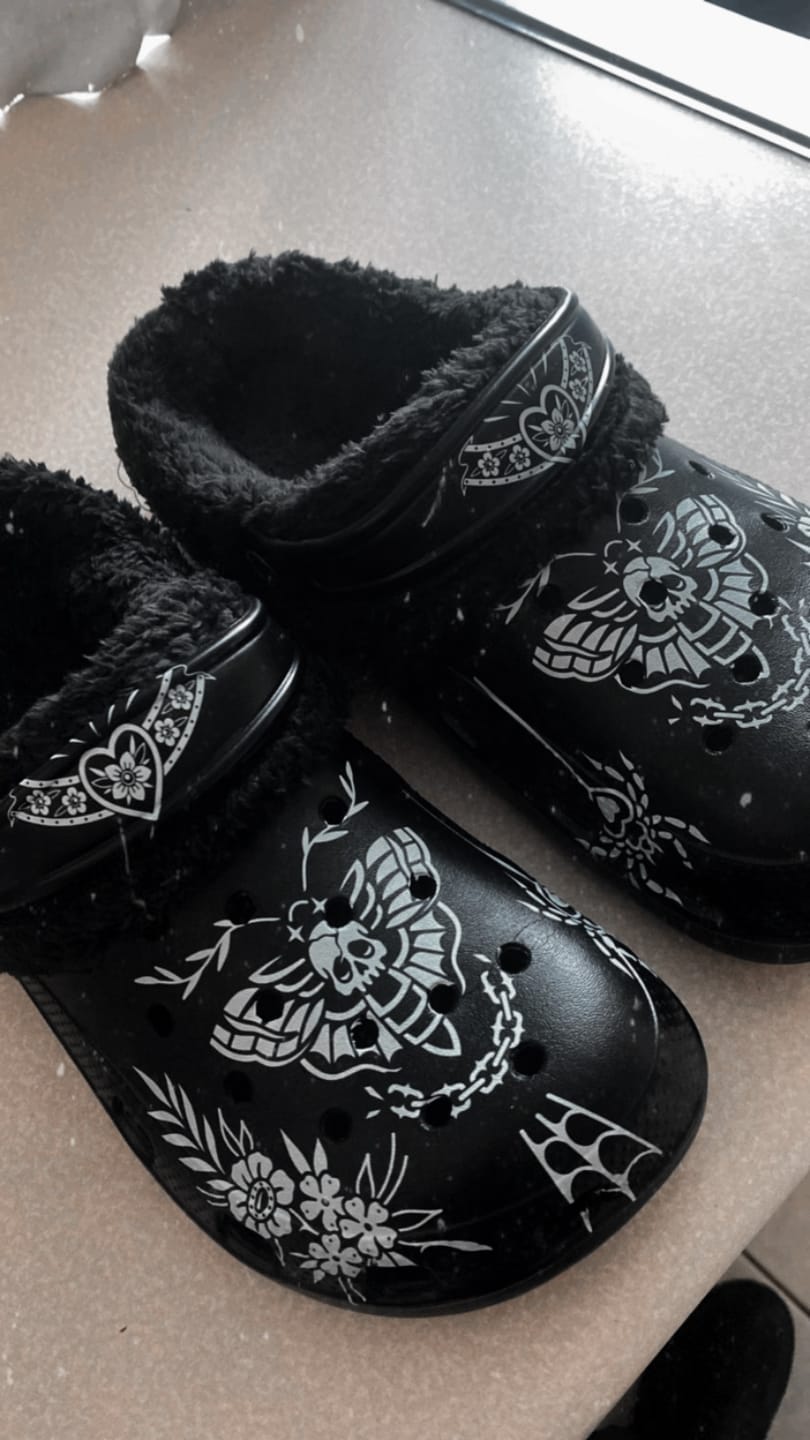 Customer photo review of Death Moth Vintage Print - Fur Lined Slippers/Sandals