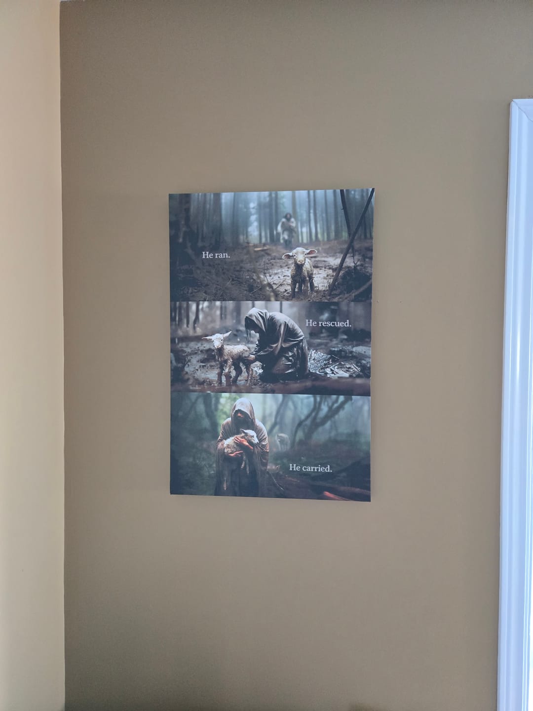Customer photo review of He Ran, He Rescued, He Carried, Jesus and Lost Sheep, Wall Art Canvas