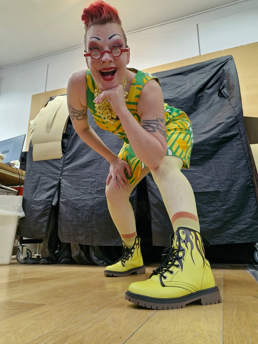 Customer photo review of Black Flame Neon Yellow Vegan Leather Combat Boots