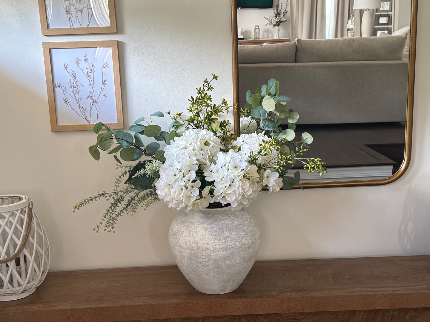 Customer photo review of Faux Arrangement - Eucalyptus & White Hydrangea