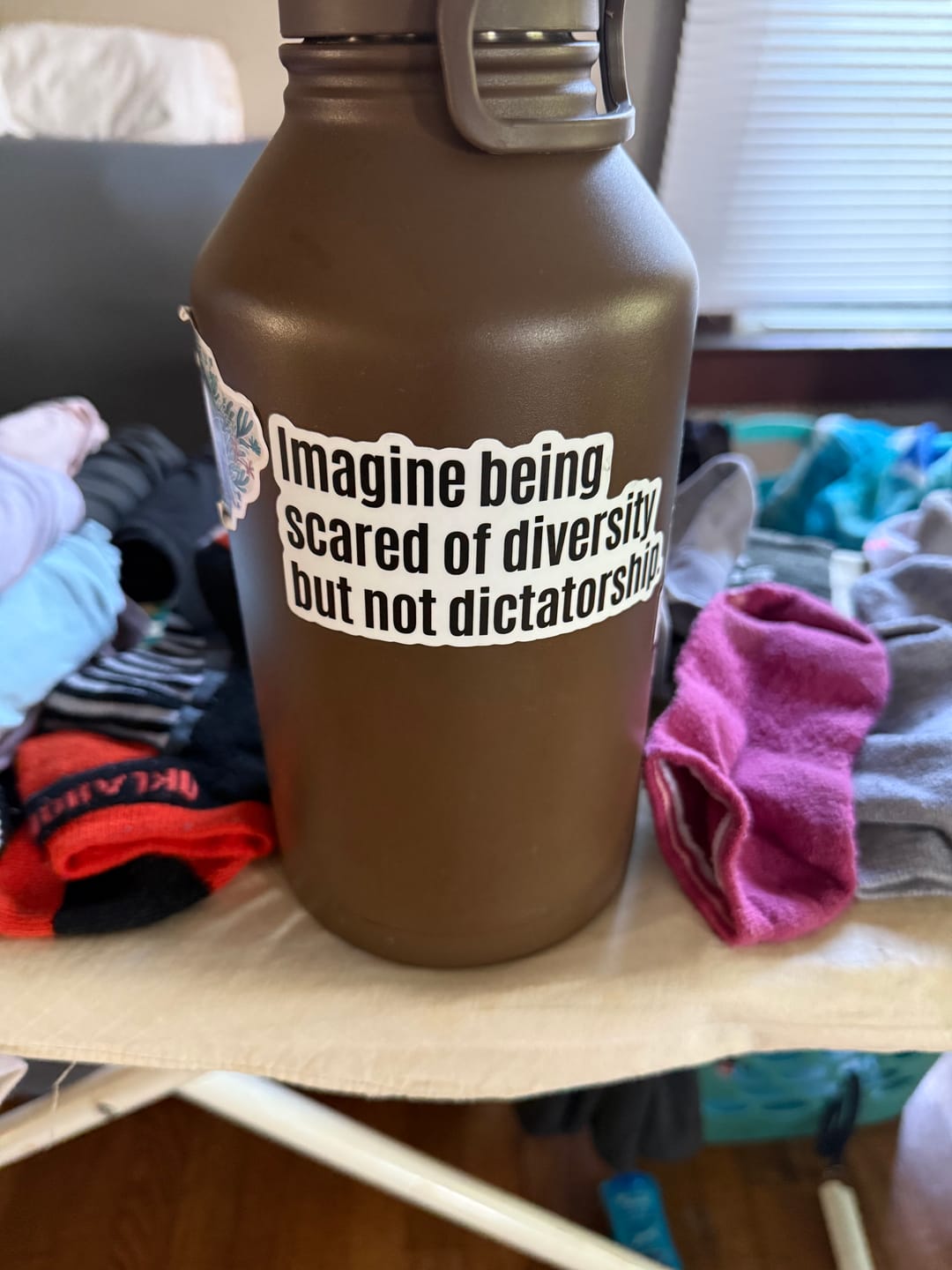 Customer photo review of Imagine Being Scared of Diversity But Not Dictatorship Black/White Die Cut STICKER