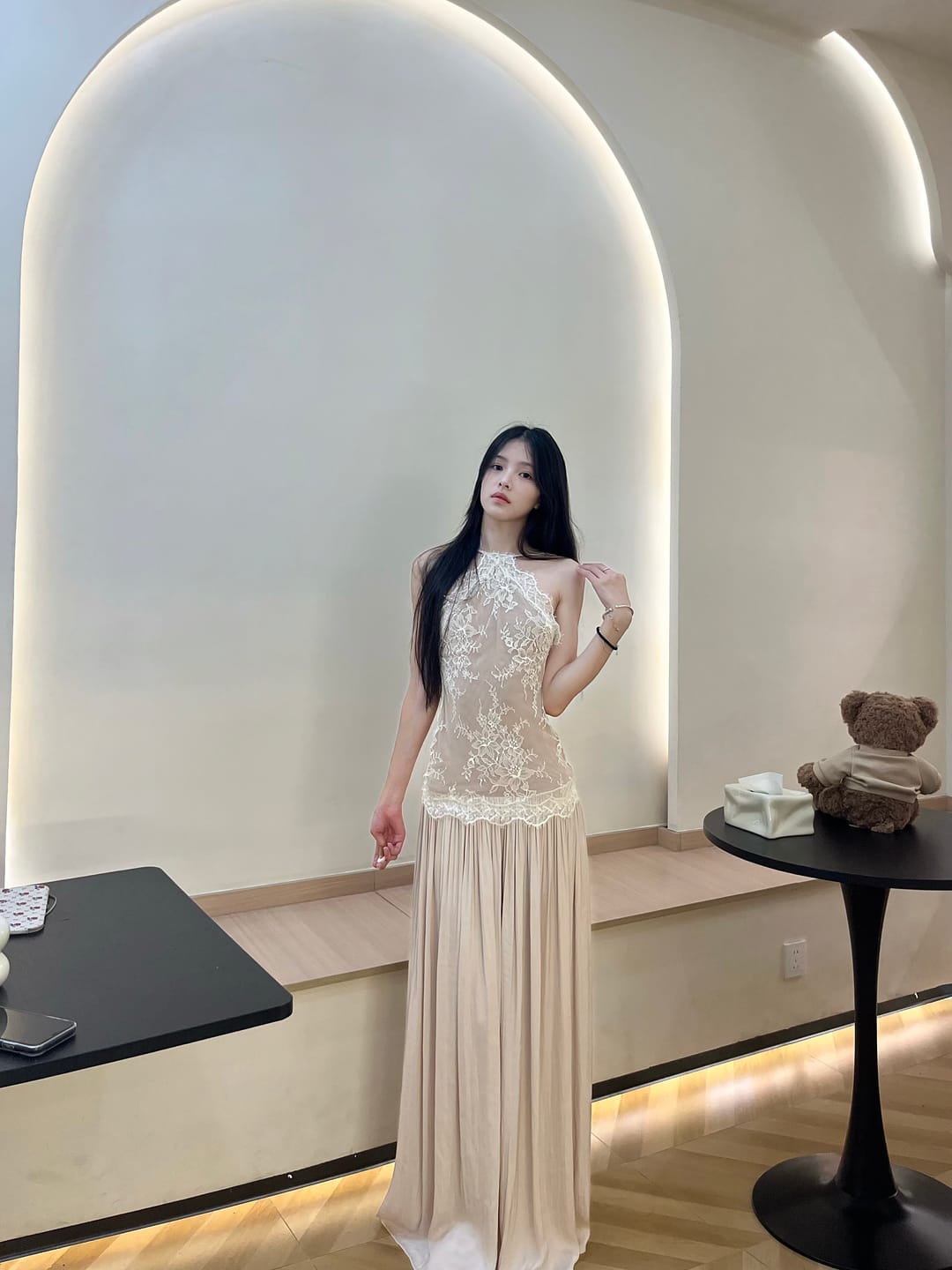 Customer photo review of ROVENTE Embroidered Lace Halter Dress With Gathered Hem