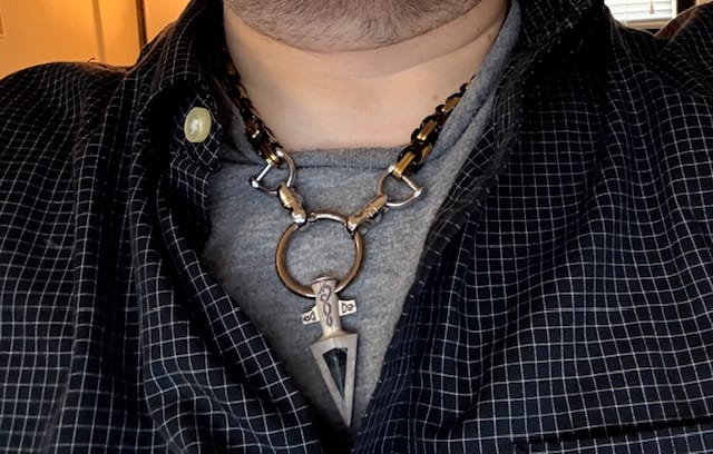 Customer photo review of Hand-carved labradorite Gungnir pendant. Large Spear of Odin