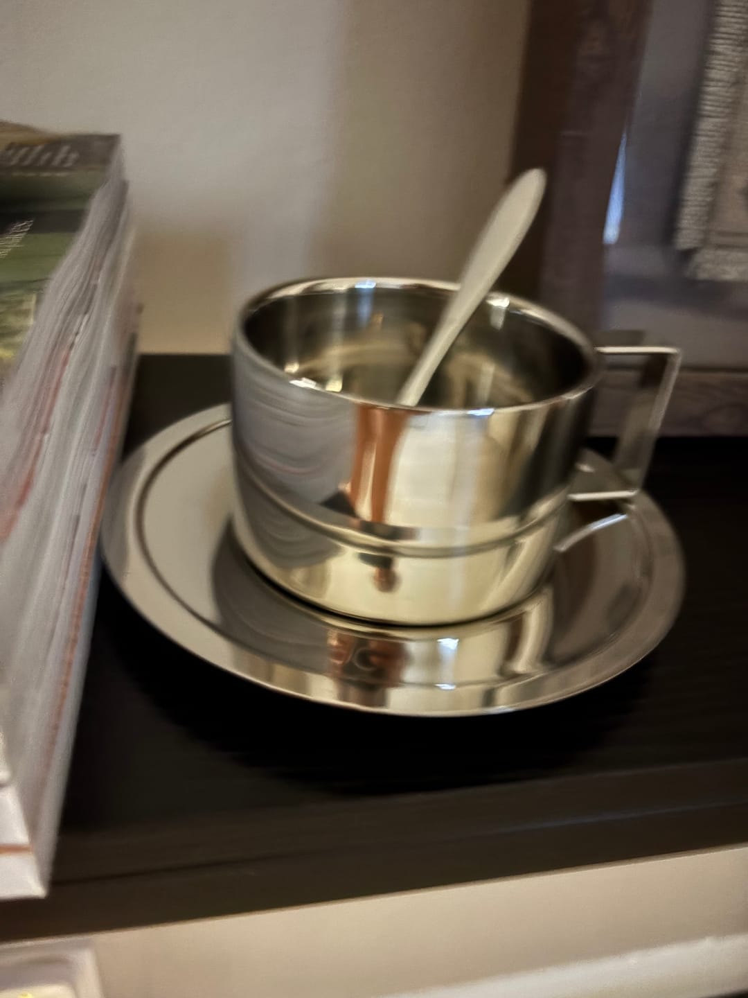 Customer photo review of Italian Style Steel Latte Coffee Cup With Saucer & Spoon