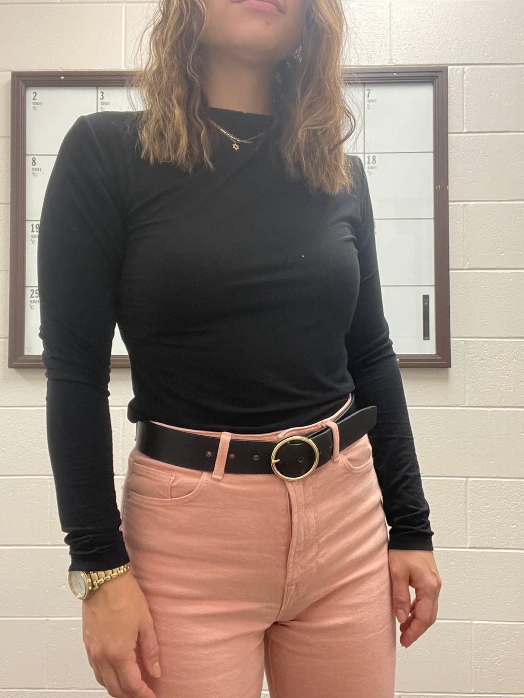 Customer photo review of Orla - Black Leather Dress Belt with Large Gold Circle Buckle - Made in Canada