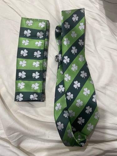 Customer photo review of Ties2you Silk Necktie Green Striped Novelty Shamrock Pattern Mens Casual Tie Set