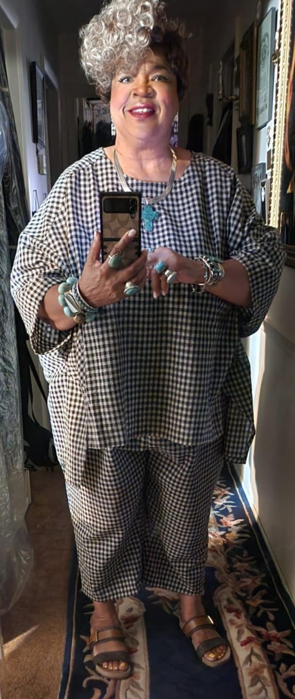 Customer photo review of Plus Size Cotton Linen Plaid Retro Blouse And Pants