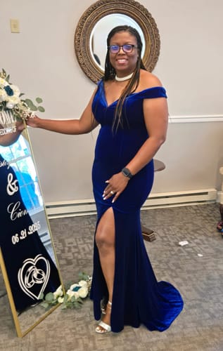 Customer photo review of Perza Royal Blue Off Shoulder Velvet Gown