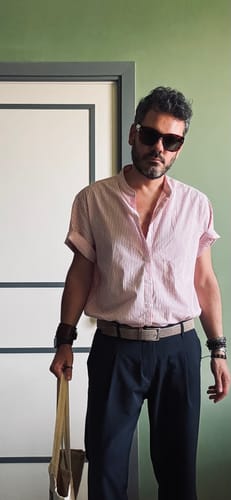 Customer photo review of Chemises rayées à manches courtes en coton respirant pour hommes