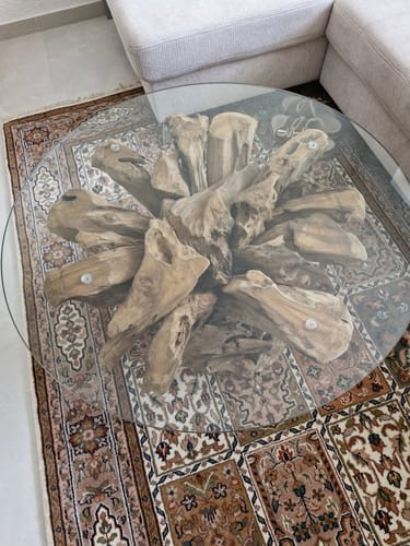Customer photo review of ExotischerLeben Couchtisch Wurzelholz Couchtisch IKAL – Naturdesign für modernes Wohnen, Glasscheibe Ø 80 cm, Stärke 8mm, gehärtet