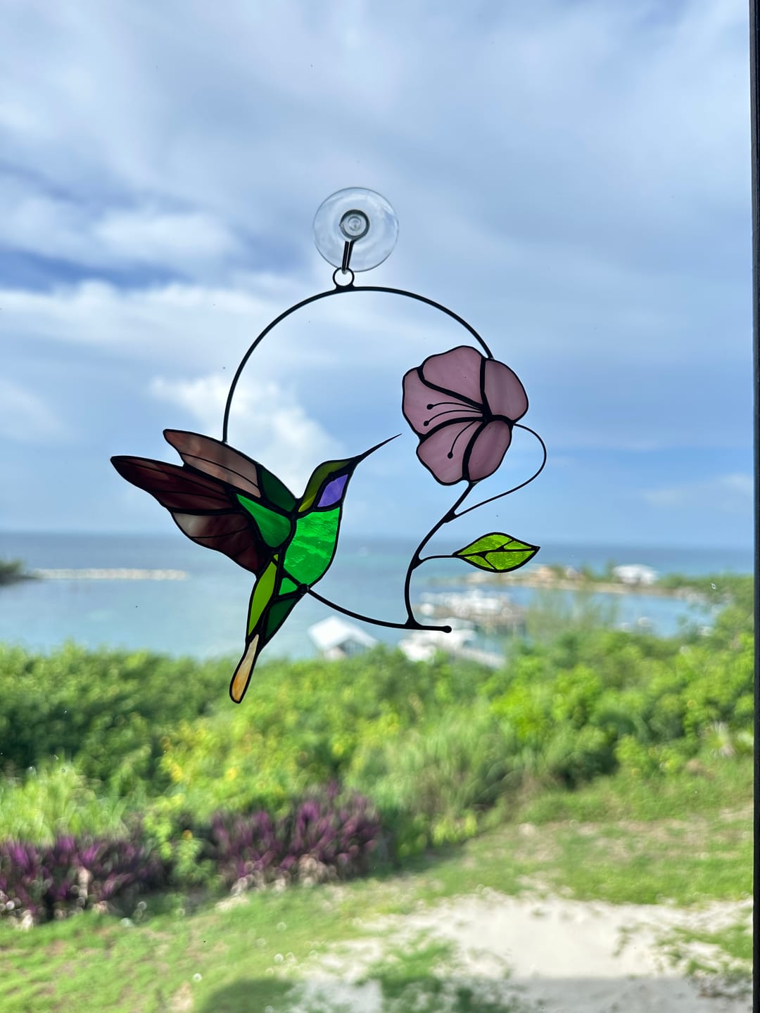 Customer photo review of Custom stained glass hummingbird suncatcher - Housewarming gift