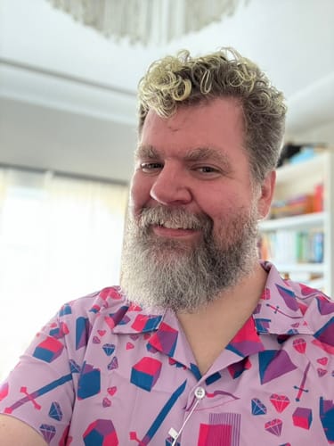 Customer photo review of Pink Blue and Bisexual Colors Tabletop RPG Items Dnd Button Up Shirt