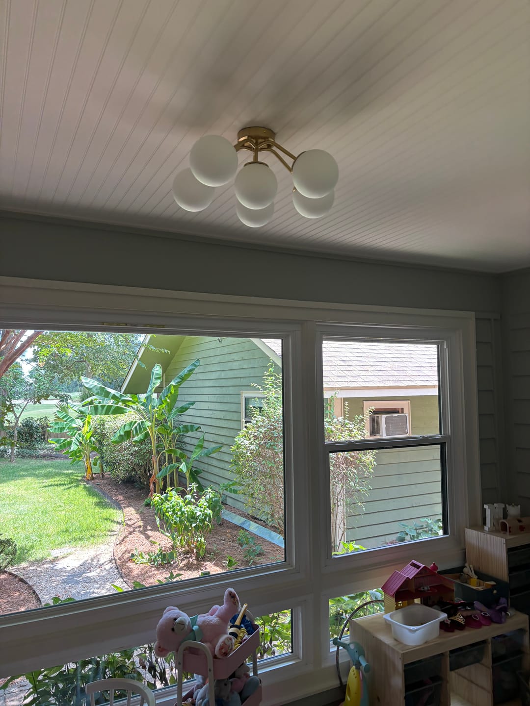 Customer photo review of Bloom Brass Frosted Glass Bubble Semi Flush Chandelier
