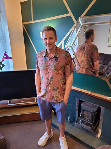 Customer photo review of Men's Retro Print Summer Rayon Short Sleeve Shirt