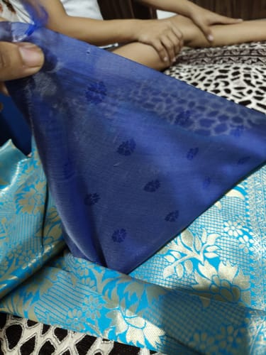 undefined review of Firozi and Navy Golden Zari Banarasi Silk Saree image 1 out of 2