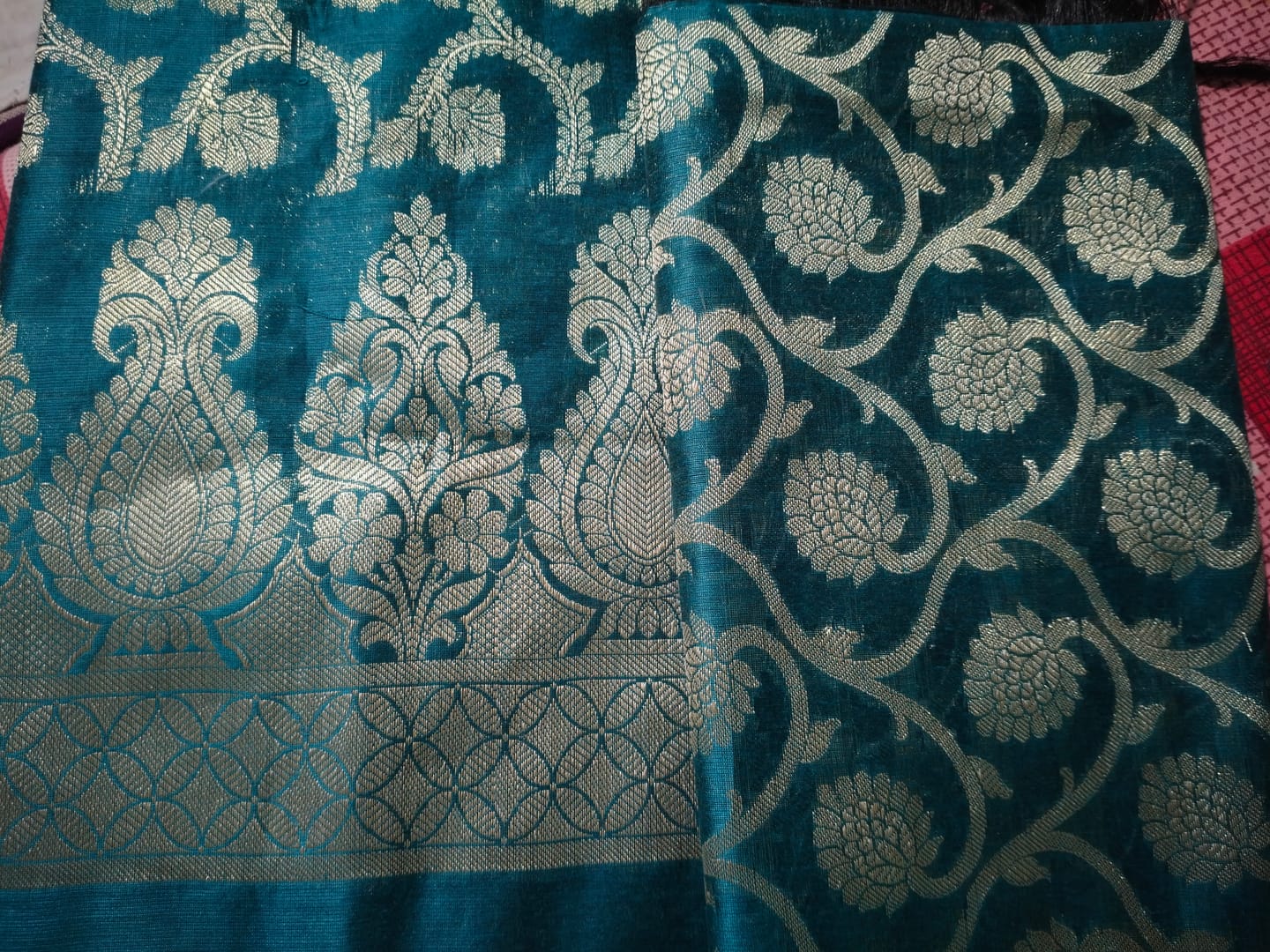 Customer photo review of Teal Kalgha Jaal Banarasi Silk Suit