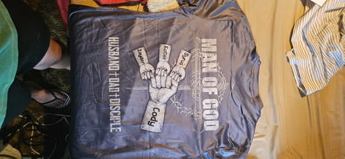 Customer photo review of Man Of God Fist Bump Fathers Day Gift For Daddy Grandpa Poppop Personalized Shirt