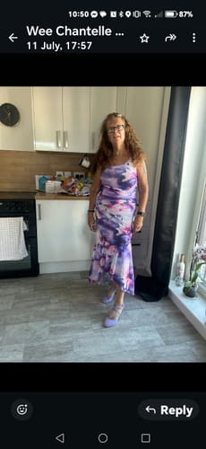 Customer photo review of Deja Mesh Overlay Floral Print One Shoulder Ruched Stretch Maxi Dress