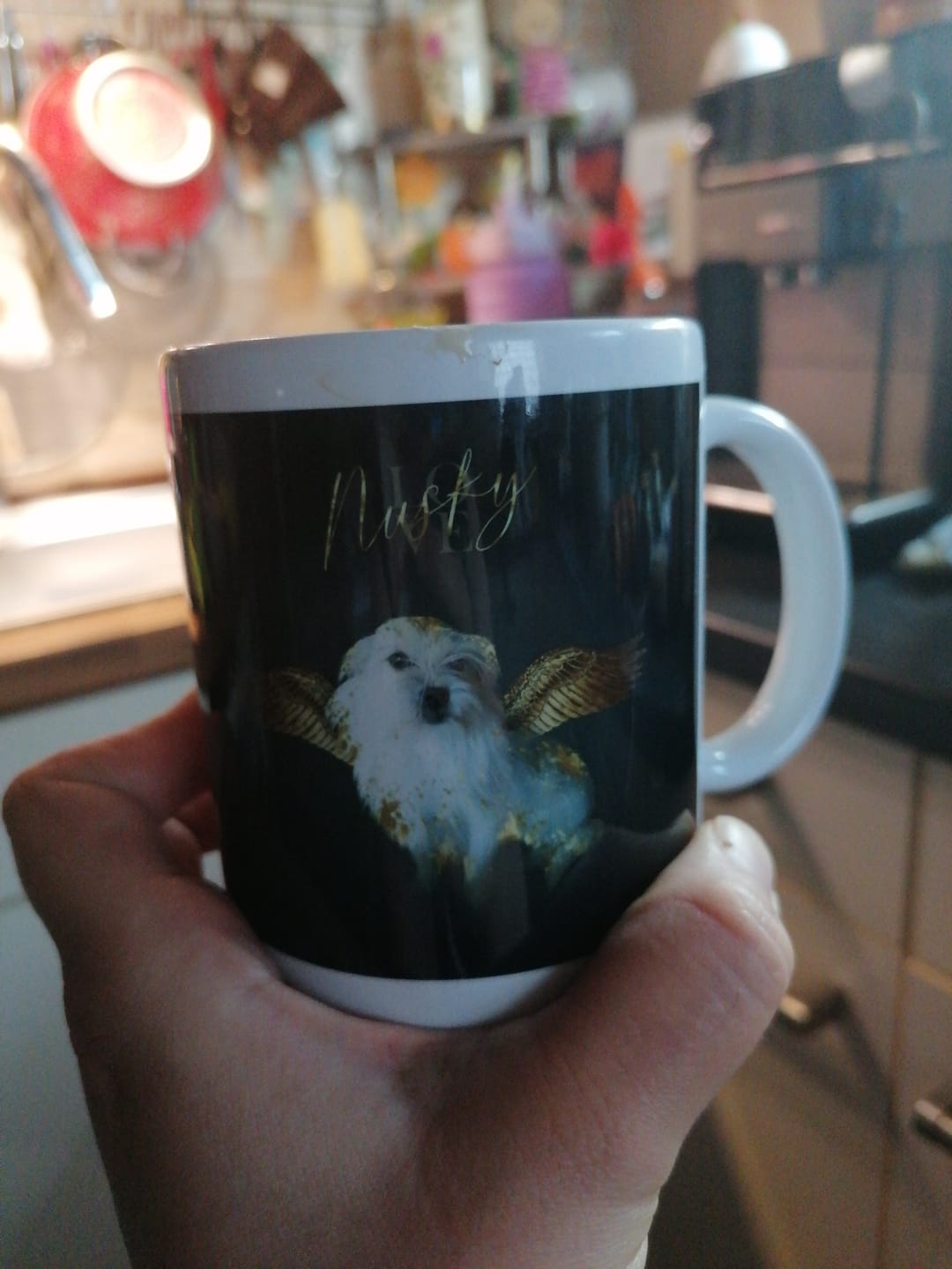 Customer photo review of Personalisierte Portrait Tasse – Goldener Engel Stil