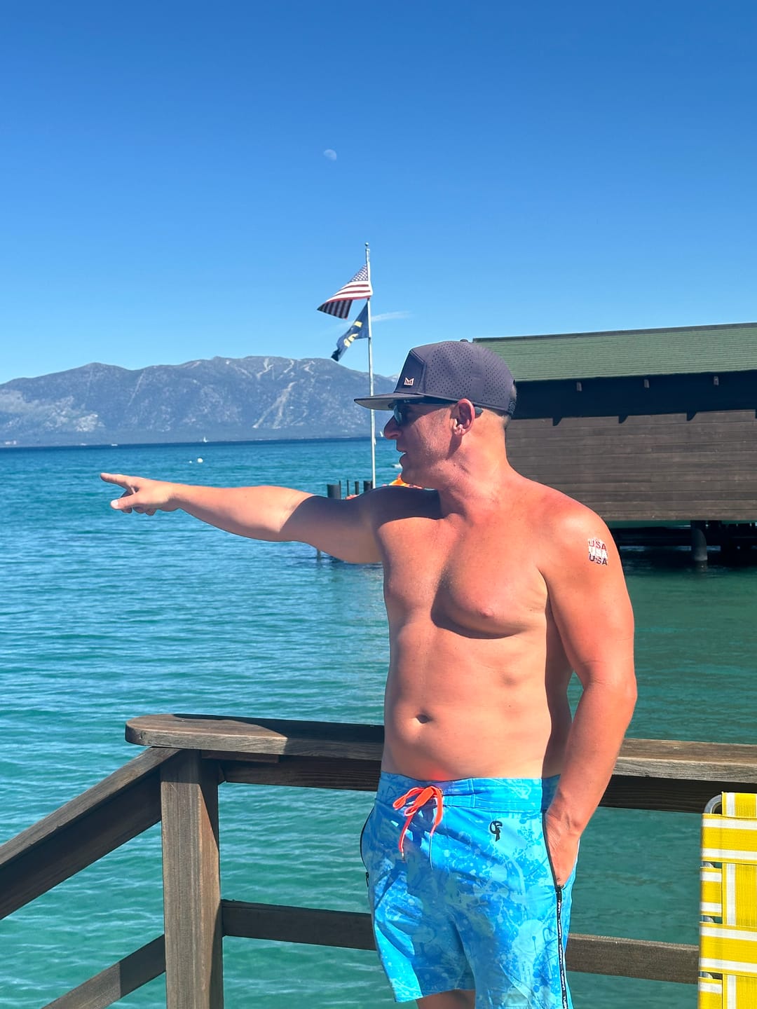 Customer photo review of Splatter Swim Shorts Blue - 5"