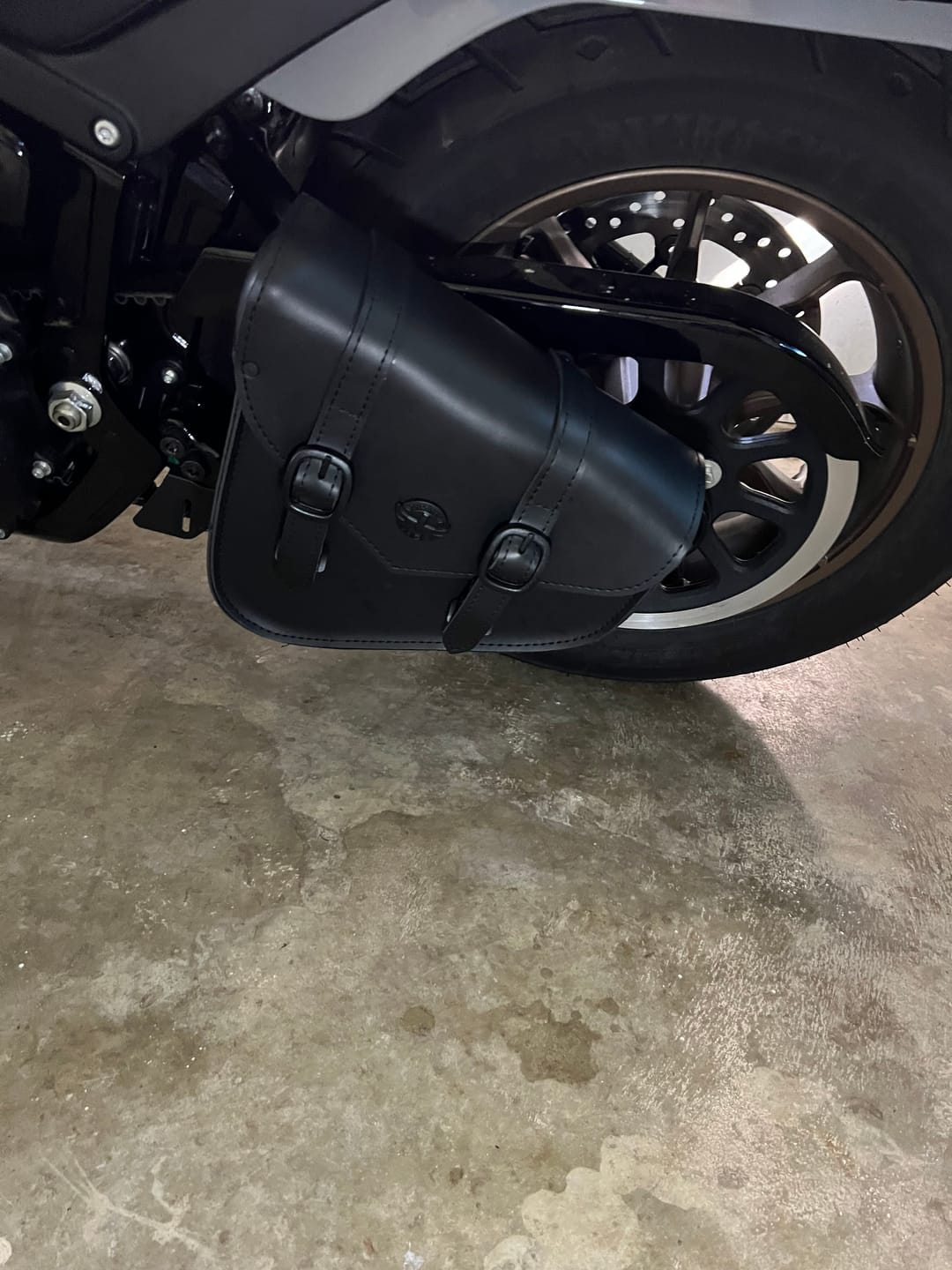 Customer photo review of 3L - Dark Age Plain Leather Motorcycle Swing arm Bag For Harley Softail