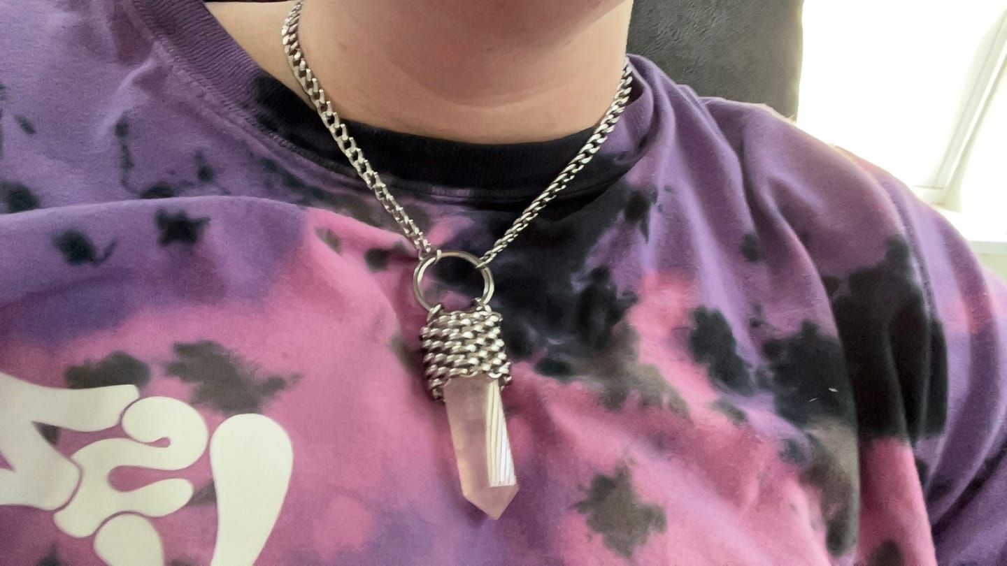 Customer photo review of Rose Quartz Heart Eyes Pendant