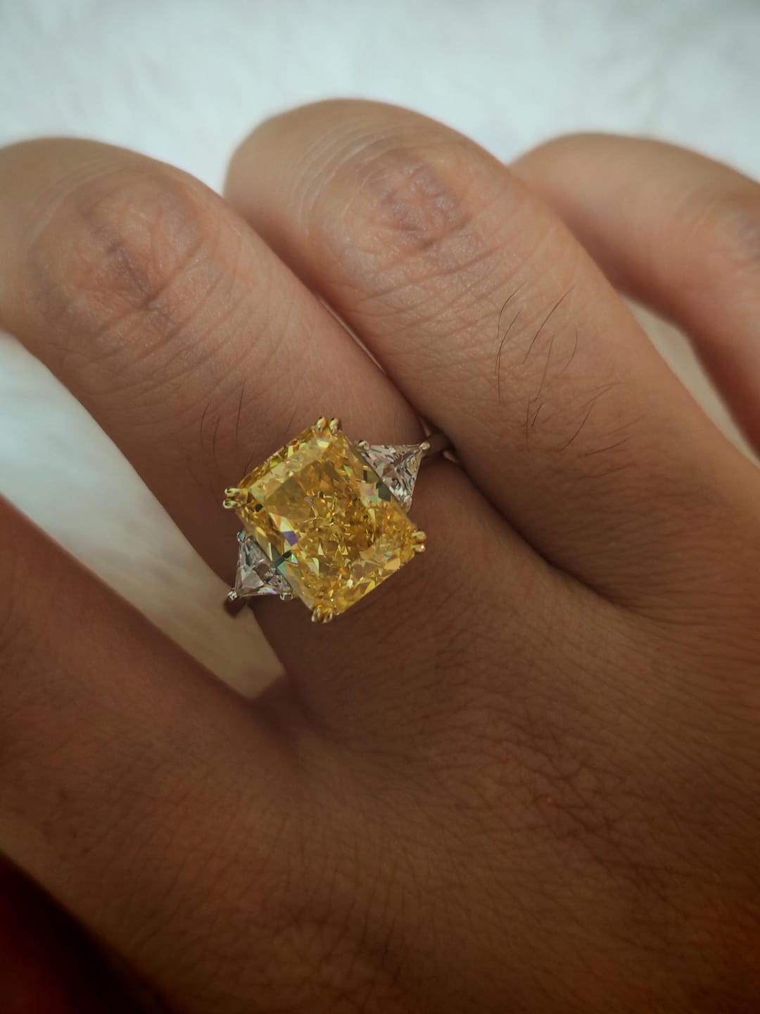 Customer photo review of S925 4.0Ct Radiant & Triangle Cut Yellow Stone Three Stone Engagement Ring In Sterling Silver