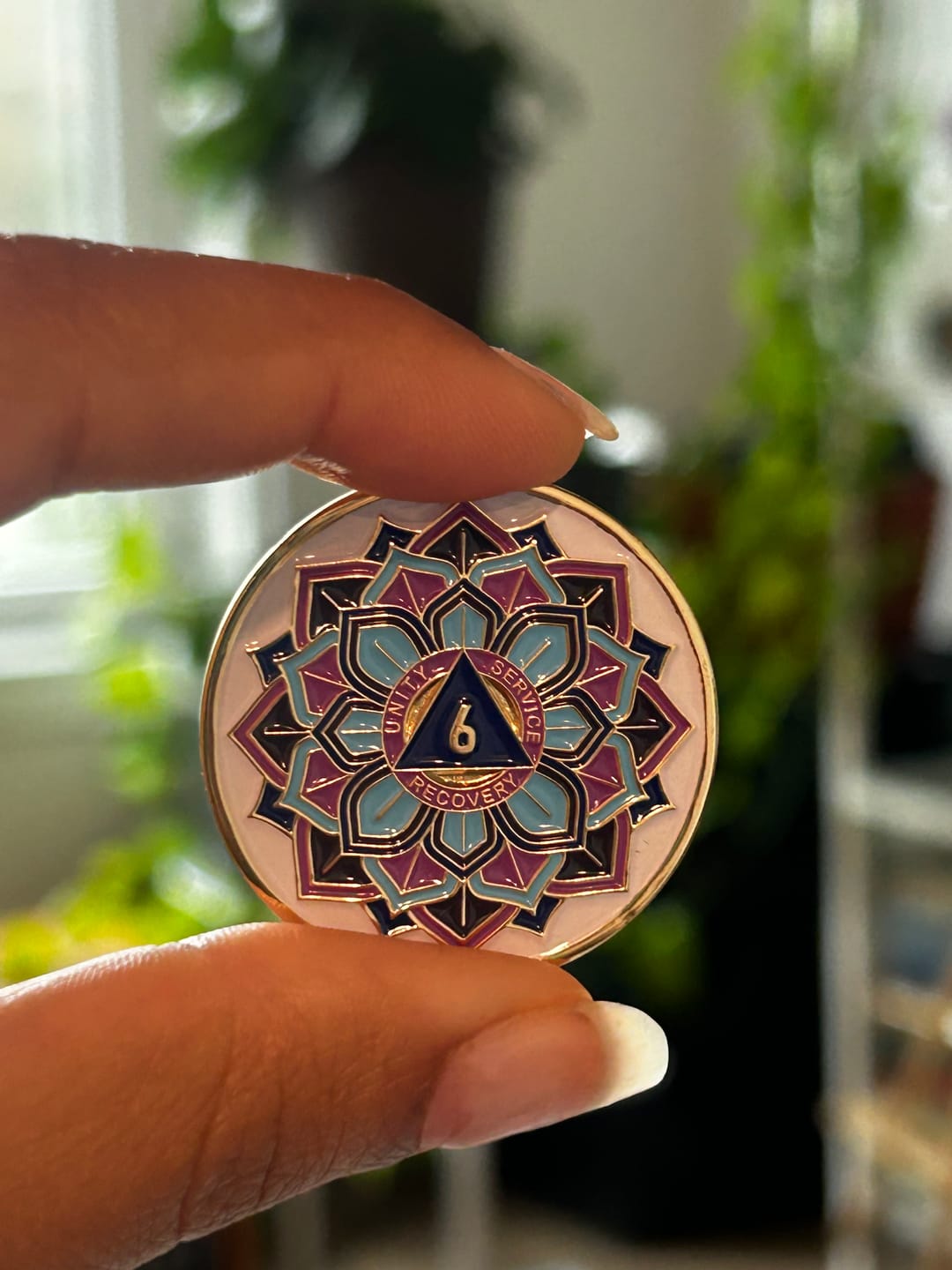 Customer photo review of 6 Year Sobriety Mint 'In Bloom' Lotus Flower Gold Plated AA Recovery Medallion - Six Year Chip/Coin - White