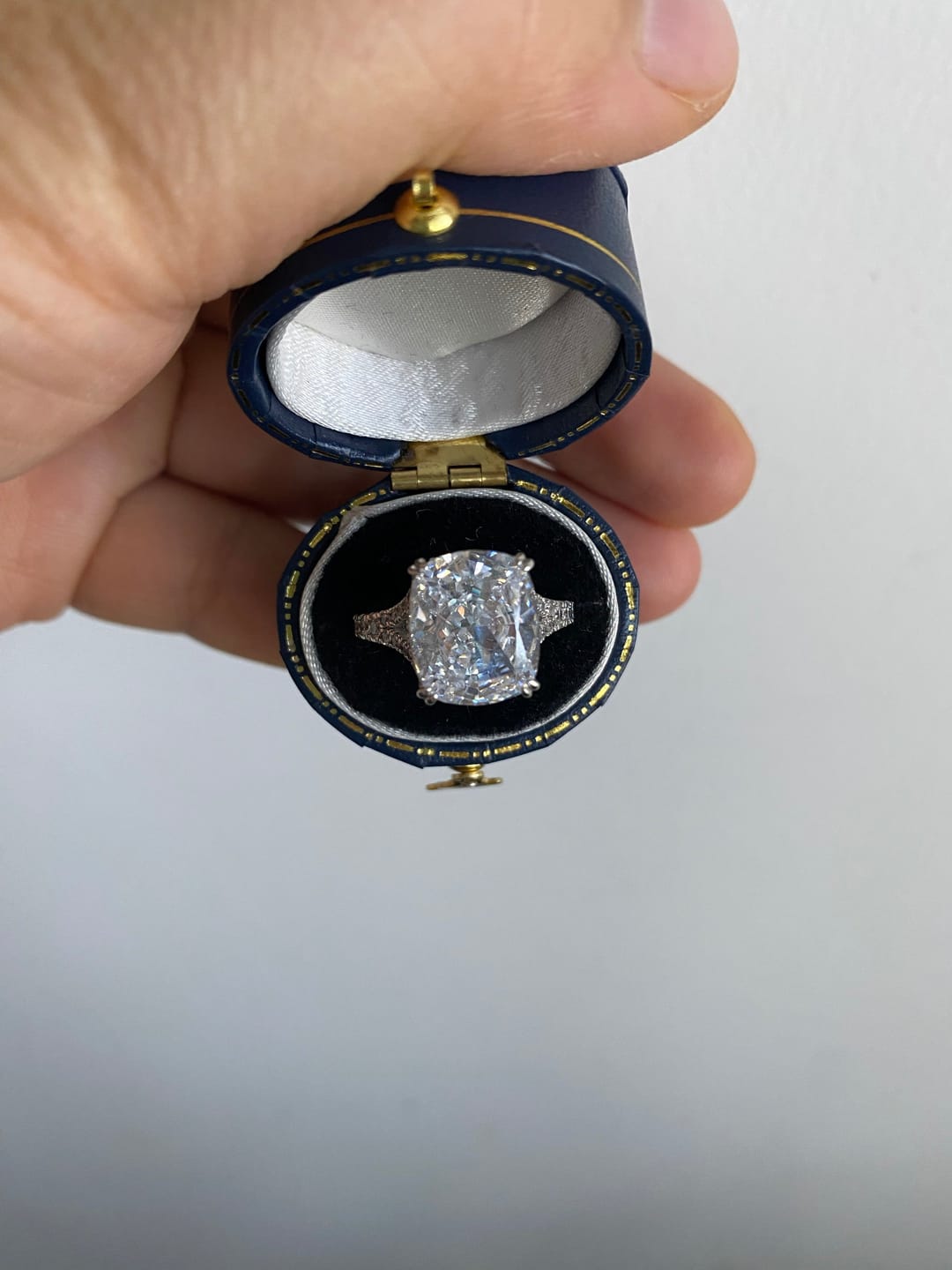 Customer photo review of S925 7.0Ct/4.0Ct Split Shank Cushion Cut Engagement Ring 18K White Gold Plated Travel Rings with Pavé Accents