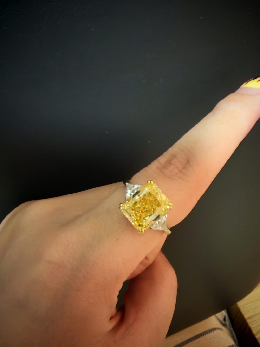 Customer photo review of S925 4.0Ct Radiant & Triangle Cut Yellow Stone Three Stone Engagement Ring In Sterling Silver