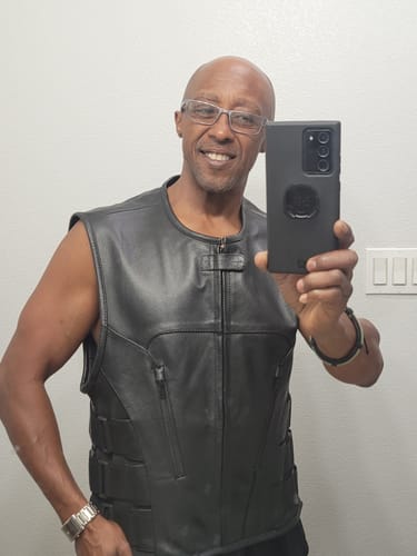 Customer photo review of MLM3500 Men's Bullet Proof Style Swat Rider Leather Vest W/ Single Panel Back for Club Patches