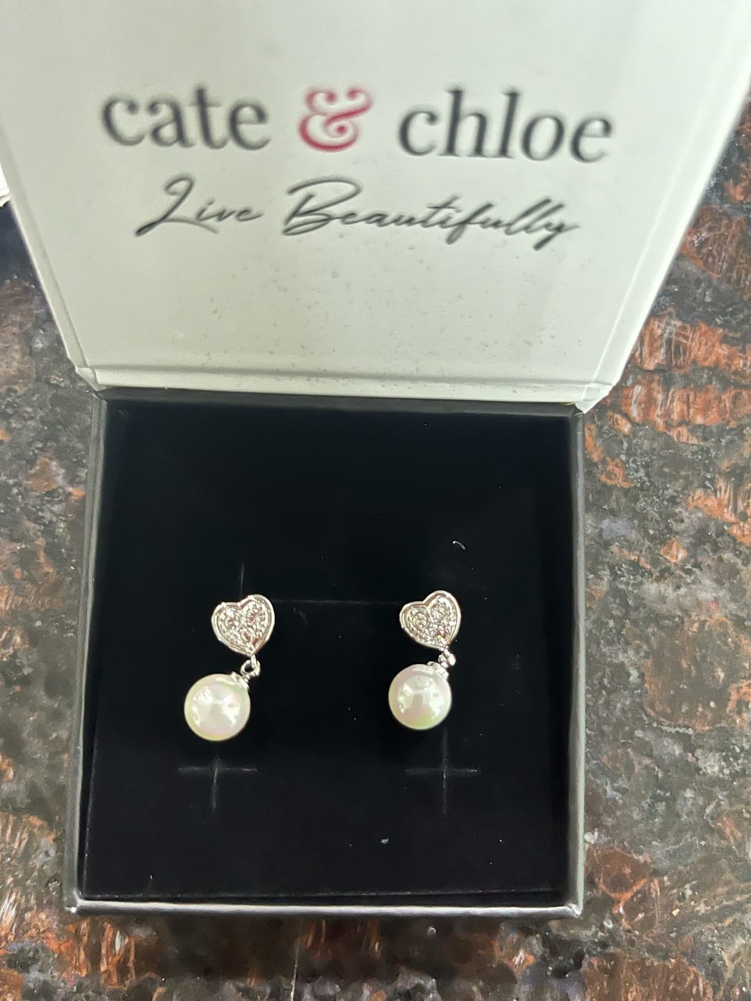 Customer photo review of Kenley 18k White Gold Plated Heart Dangle Earrings with Pearls and Swarovski Crystals - Fab Fav