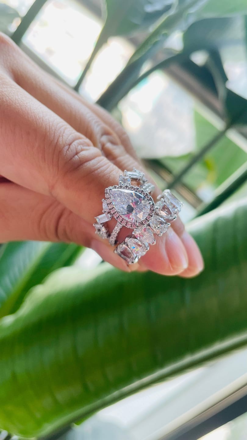 Customer photo review of S925 2.2 Carat Halo Pear Cut Wedding Ring Set With Two Luxurious Wedding Bands For Women