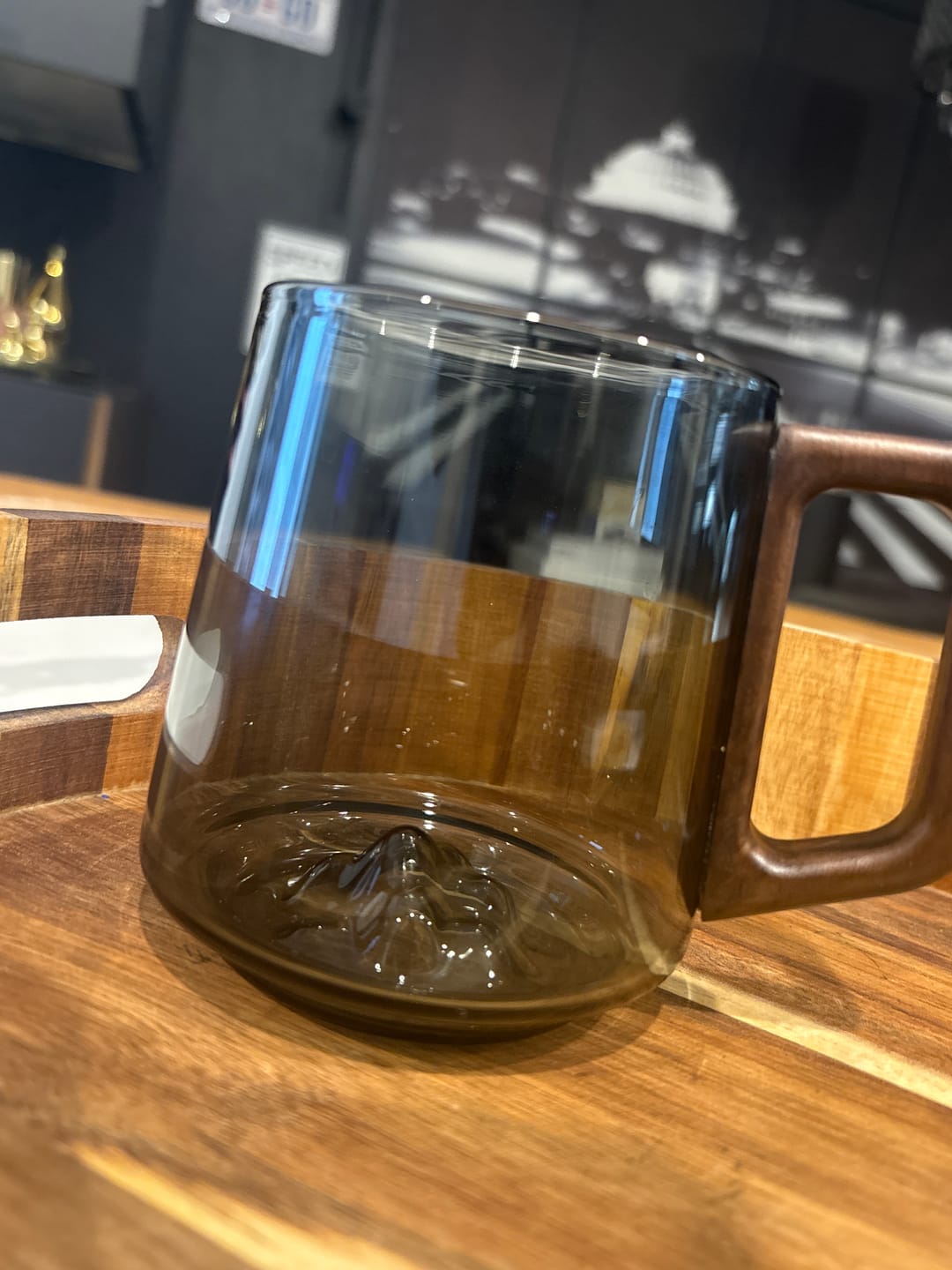 Customer photo review of Smokey Gray Glass Slanted Coffee Cups With Wooden Handle