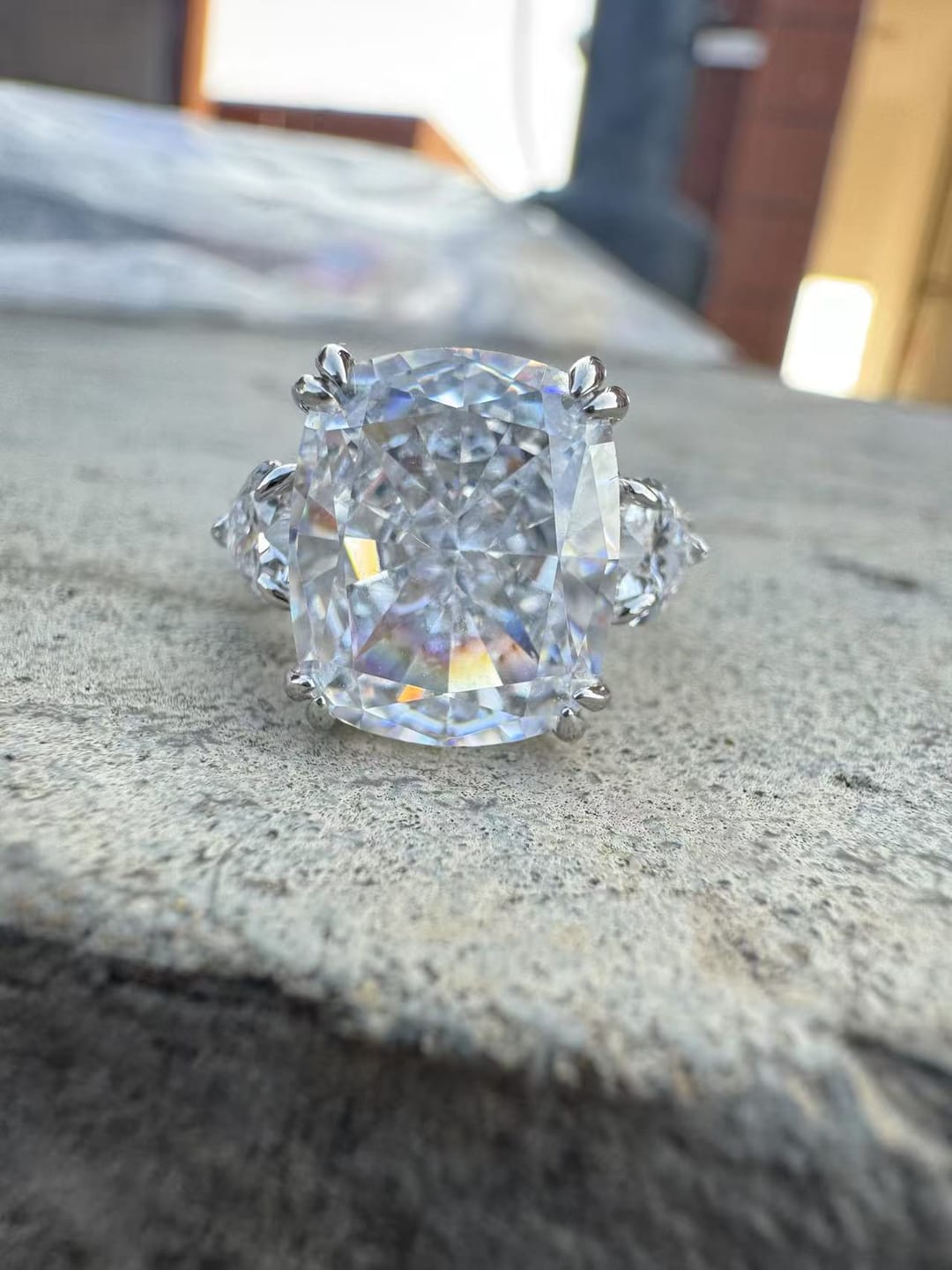 Customer photo review of S925 6.0Ct Cushion Cut Three Stone Engagement Ring Simulated or Moissanite Diamond Bridal Rings For Women