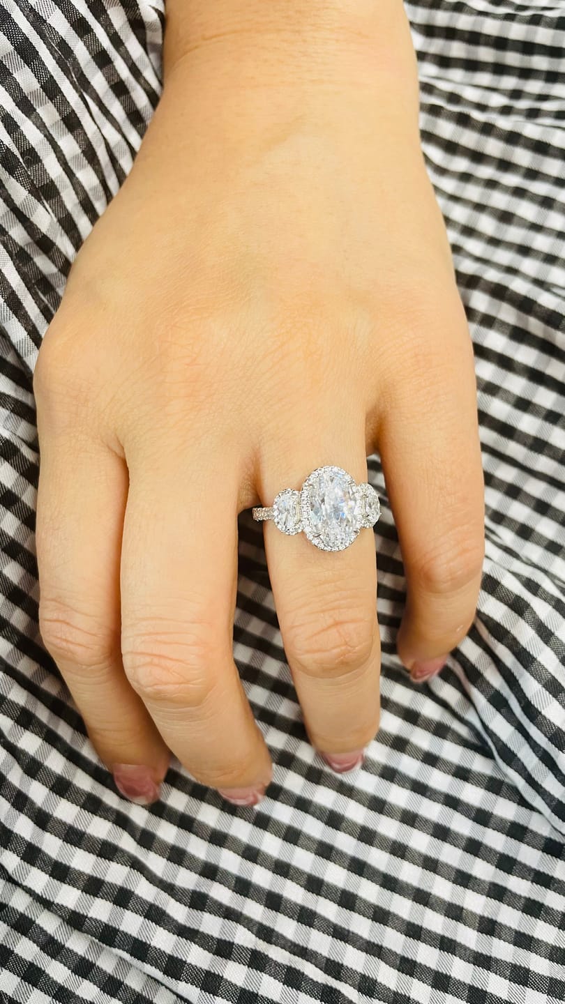 Customer photo review of 2.5Ct Halo Oval Cut Three Stone Engagement Ring Travel Ring In Sterling Silver
