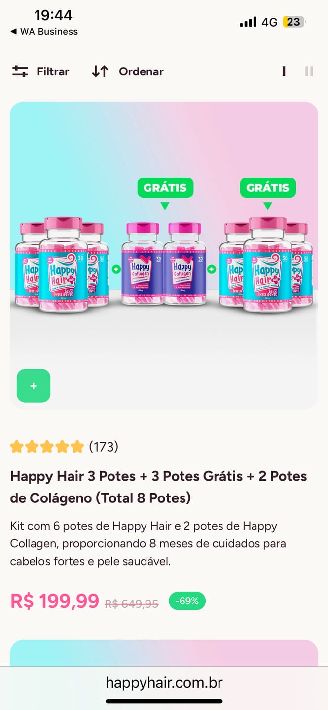 Customer photo review of Happy Hair 3 Potes + 3 Potes Grátis + 2 Potes de Colágeno (Total 8 Potes)