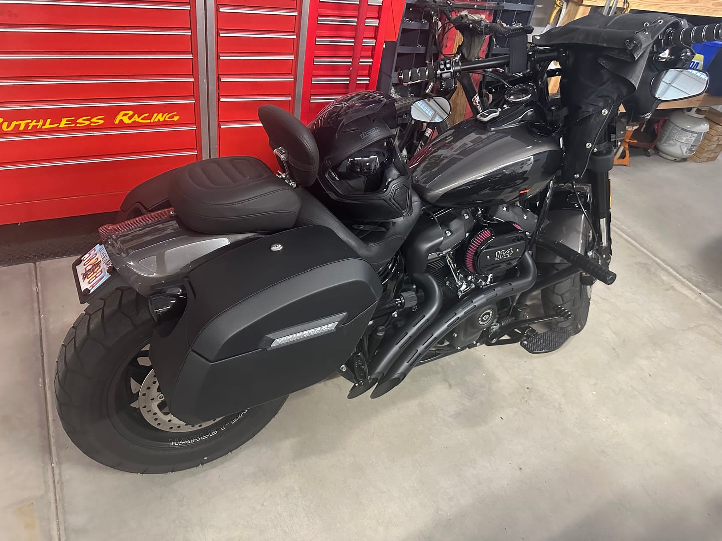 Customer photo review of 32L - Darkin Quick Mount Large Harley Softail Fat Bob FXFB/S Leather Wrapped Hard Saddlebags