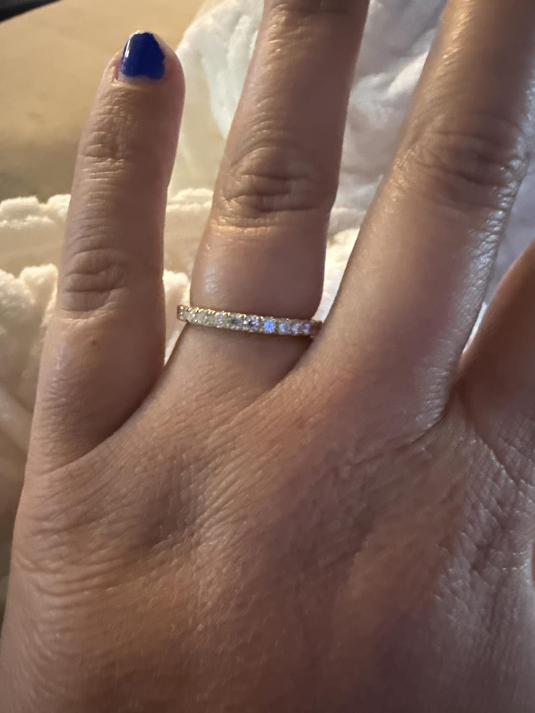 Customer photo review of S925 Half Halo Moissanite 0.5 Ct Round Cut White/Green Stone Anniversary Ring